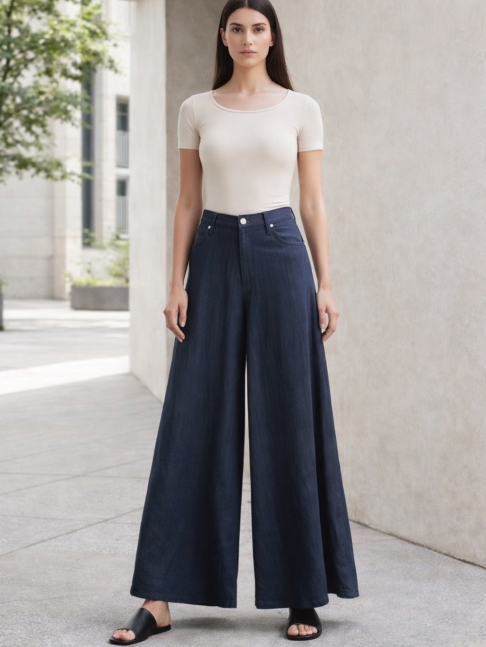 VIAVIA Uber Wide Leg Jeans Blue Cupro Luxury Low Rise Palazzo Italian Pants - Picture 16 of 16